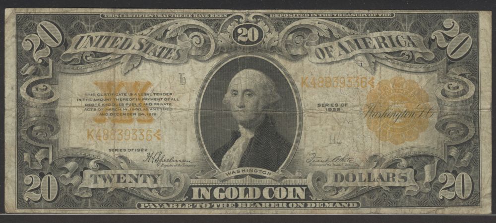 Fr.1187, 1922 $20 Gold Certificate, K48839336, Fine